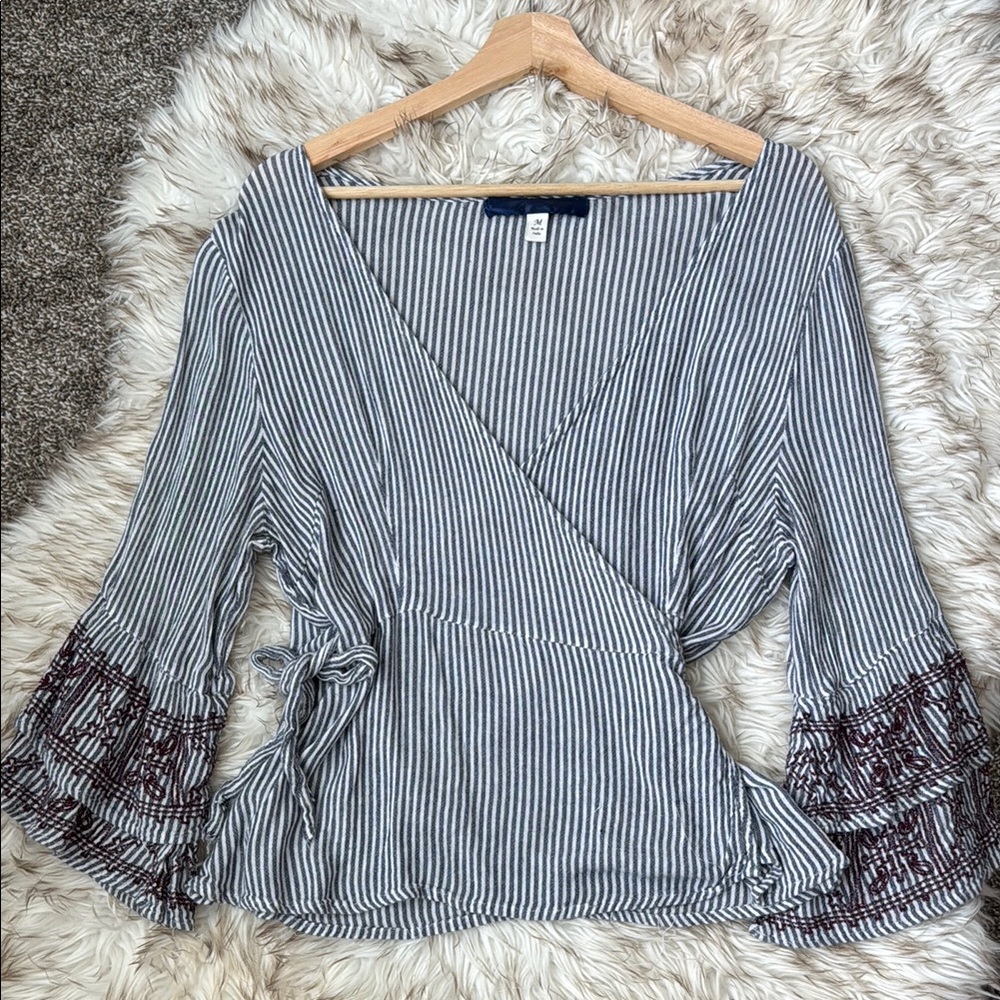 Striped Wrap Top with Embroidered Flared Sleeves